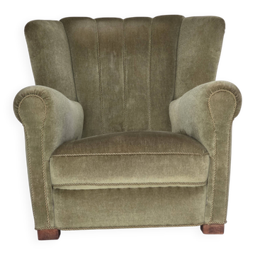 1960s, Danish relax armchair, original green furniture velour, beech wood.