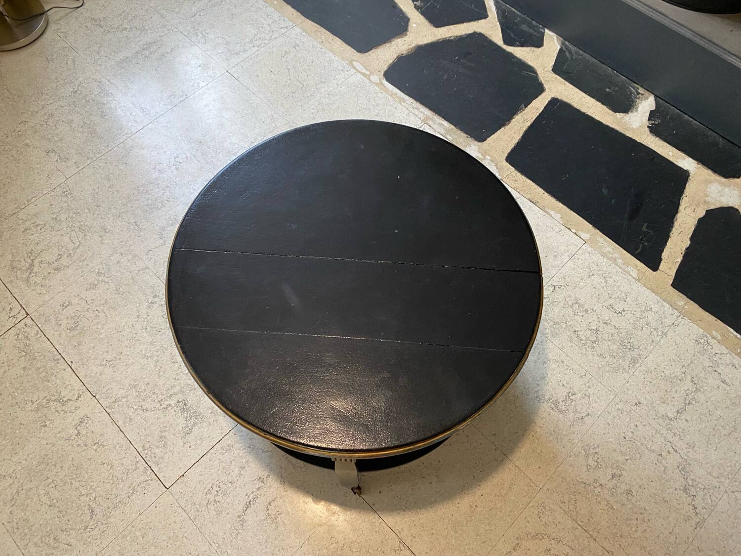 Round wooden coffee table, antique, double top, 4 legs.