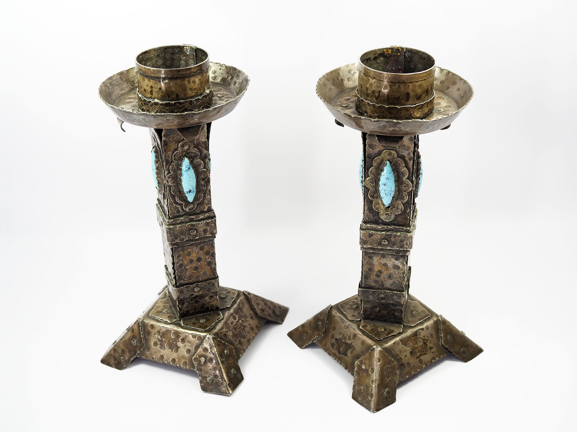 Arts and Crafts Style Forged Metal and Turquoise Glass Candlesticks