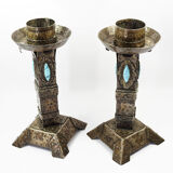 Arts and Crafts Style Forged Metal and Turquoise Glass Candlesticks