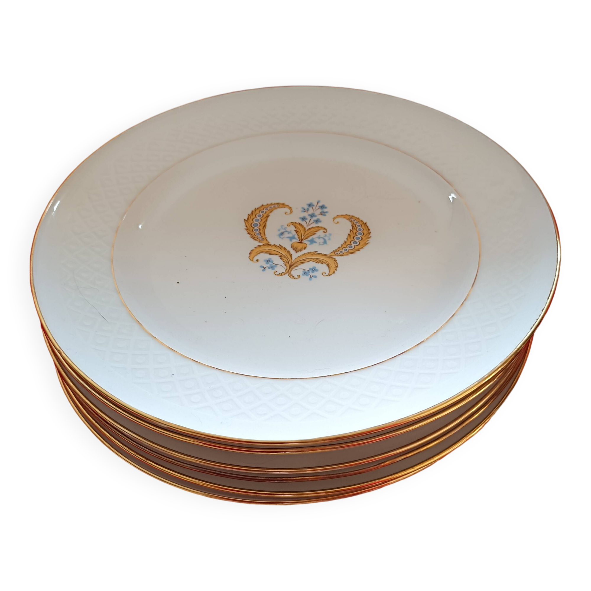6 Bavaria dinner plates. Annabel model. White, gold edging. Central motif.