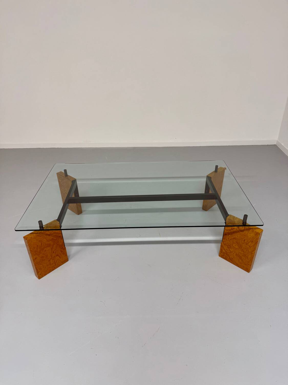 Old coffee table in glass and magnifying glass, French design Paul Michel, year 70