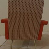Retro vintage rockabilly armchair in orange faux leather and vintage fabrics