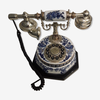 White metal and blue and white porcelain telephone