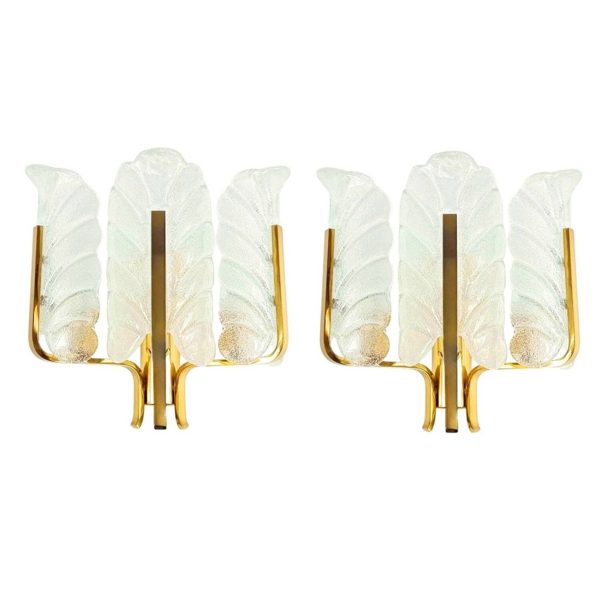 Pair Of Large Scandinavian Glass & Brass Leaf Wall Lights/Sconces By Carl Fagerlund, 1960s