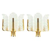 Pair Of Large Scandinavian Glass & Brass Leaf Wall Lights/Sconces By Carl Fagerlund, 1960s