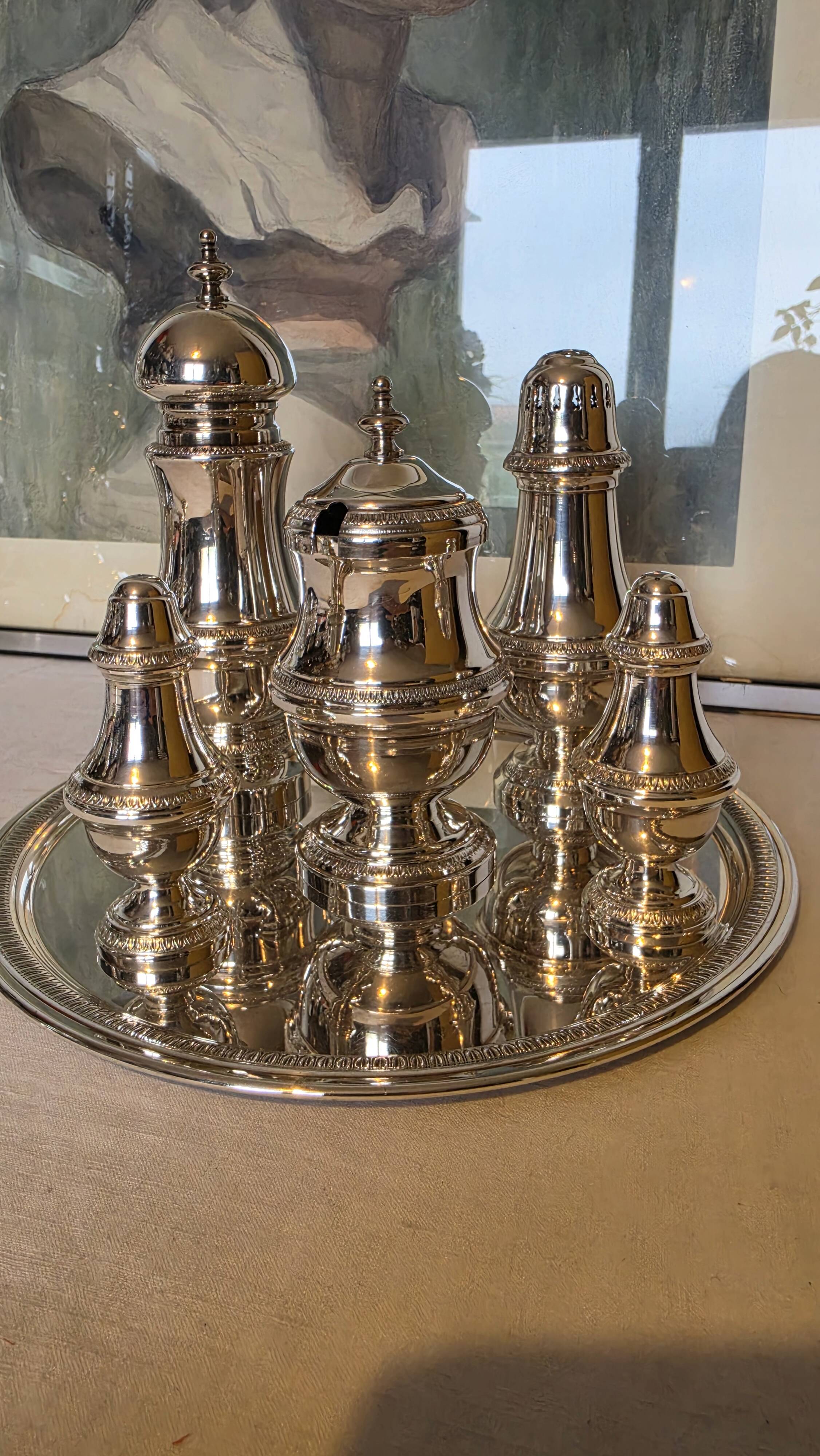 Exclusive 6-piece silver-plated spice service, classic Georgian style.