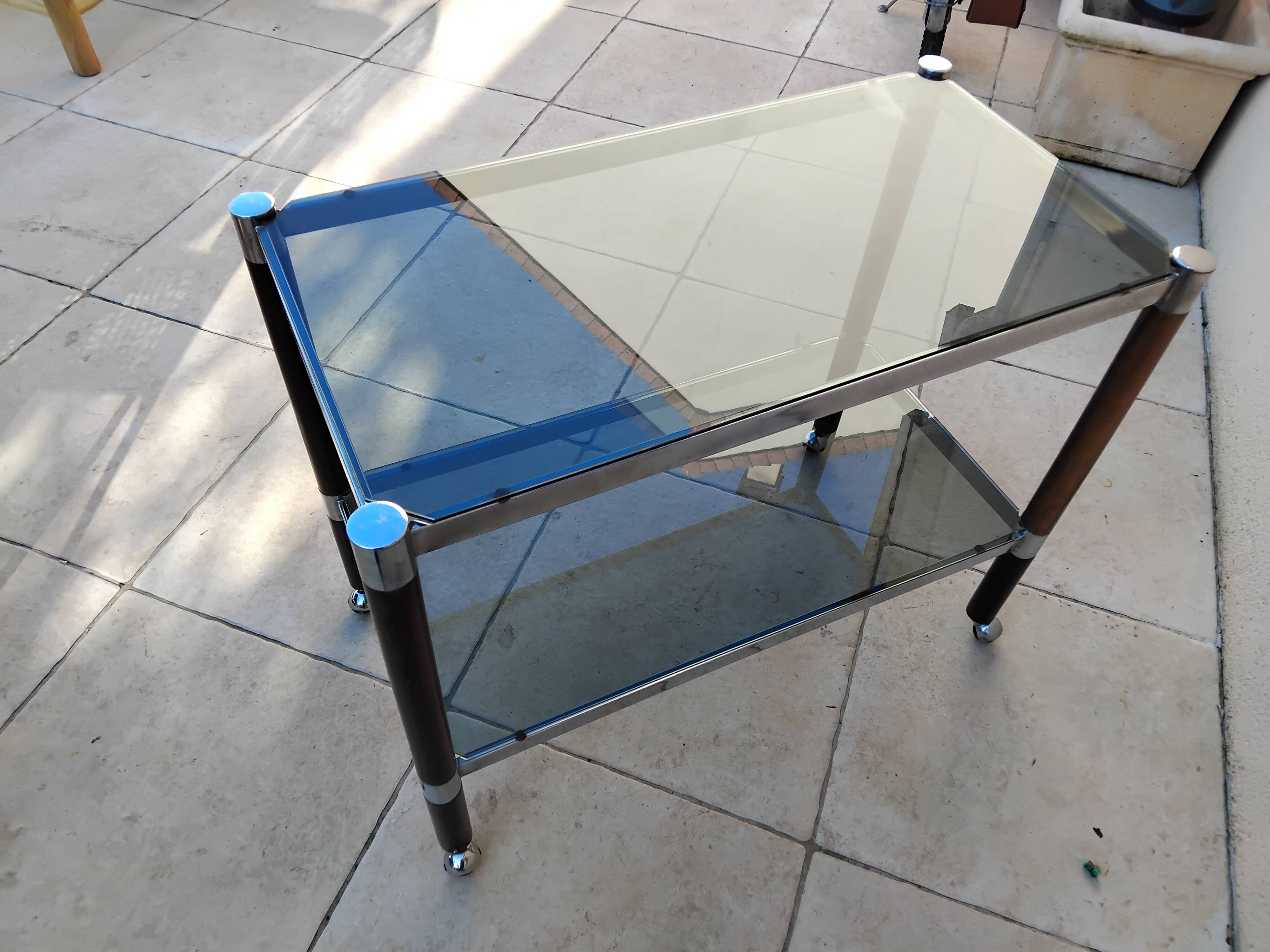Vintage wooden serving trolley with smoked glass, chrome metal and wood