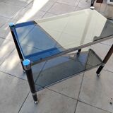 Vintage wooden serving trolley with smoked glass, chrome metal and wood