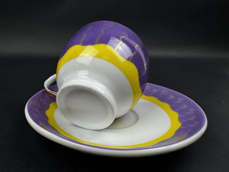 Set of 6 modern purple yellow and gold porcelain coffee cups from the 80s