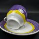 Service de 6 tasses à café en porcelaine moderne violet jaune et or années 80
