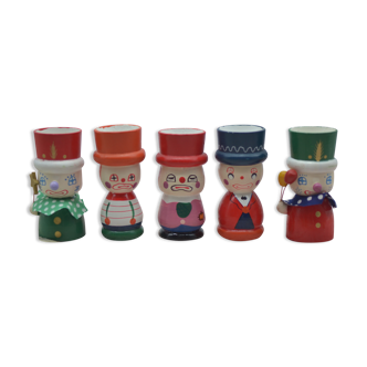 Set of 5 vintage wooden coquetiers, hand-painted on the theme circus/clown