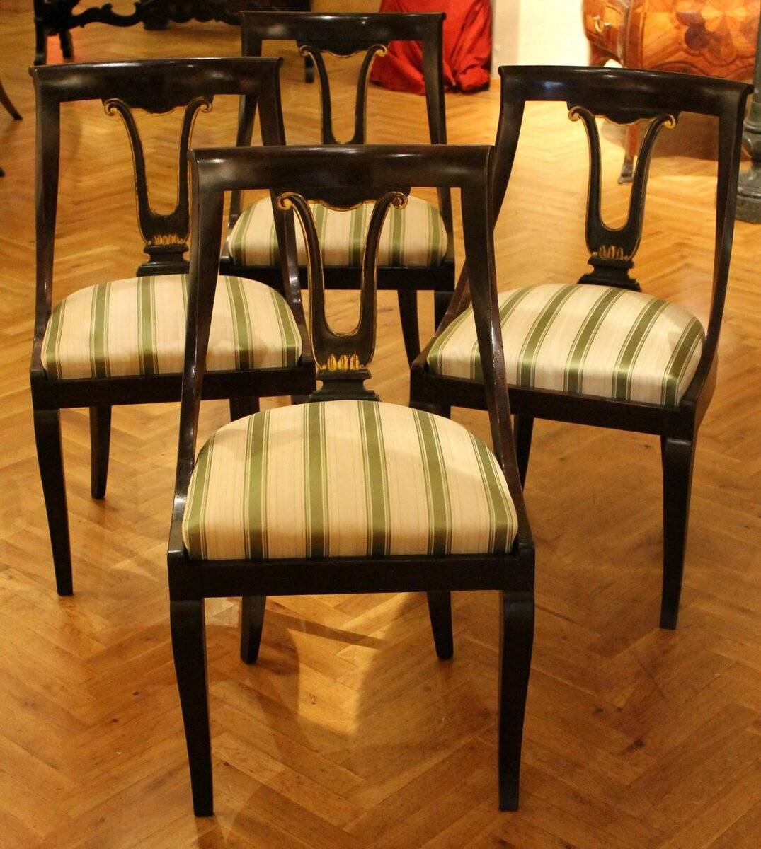 18th Century French Directoire Mahogany Chairs with Silk Blend Upholster Fabric, Set of 4