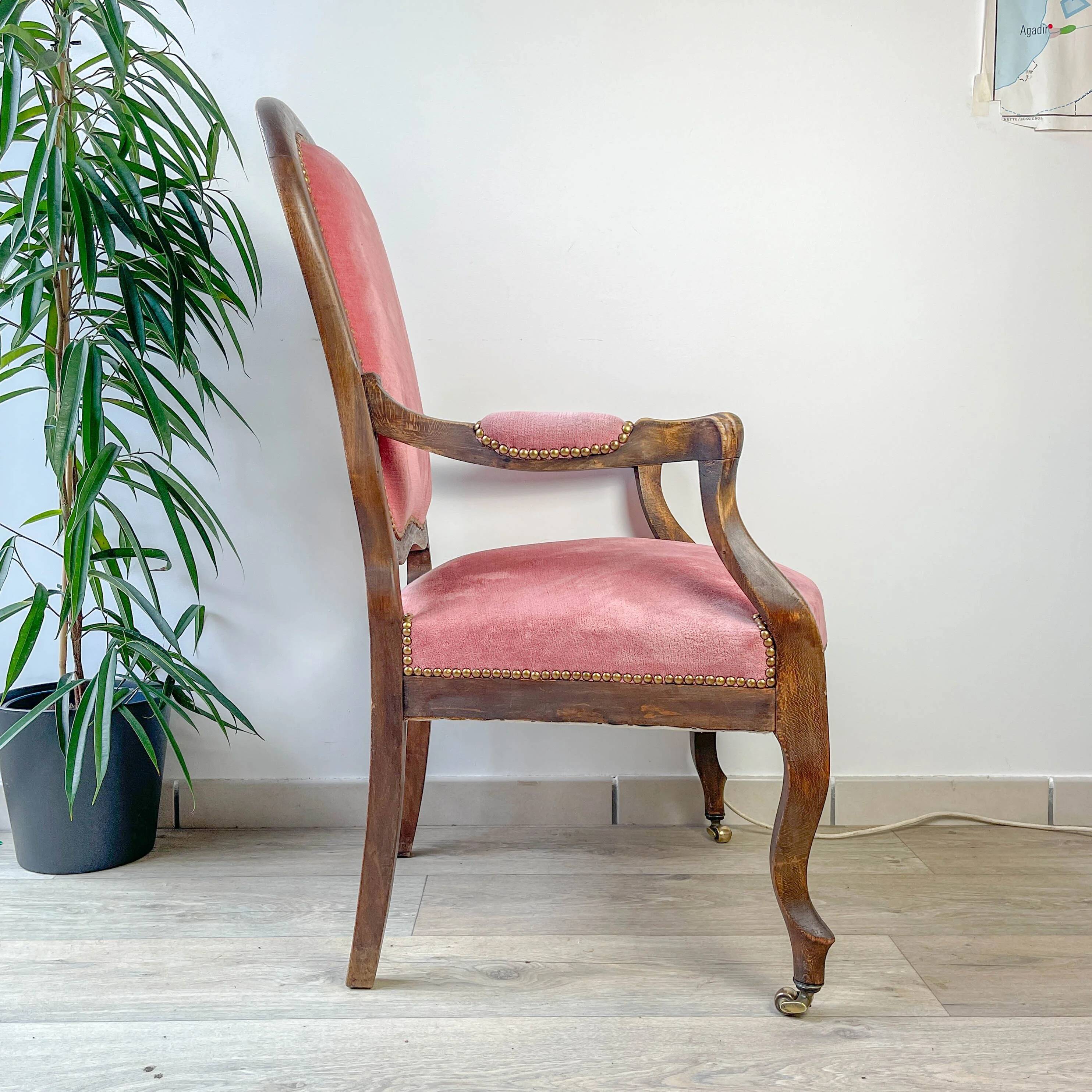 Louis Philippe armchair in pink velvet