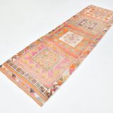 Tapis couloir kilim vintage , Orange, rose et beige boho pastel, 98x332 Cm