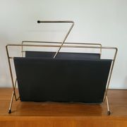 Vintage metal magazine rack in gold and black vinyl Newspaper holder