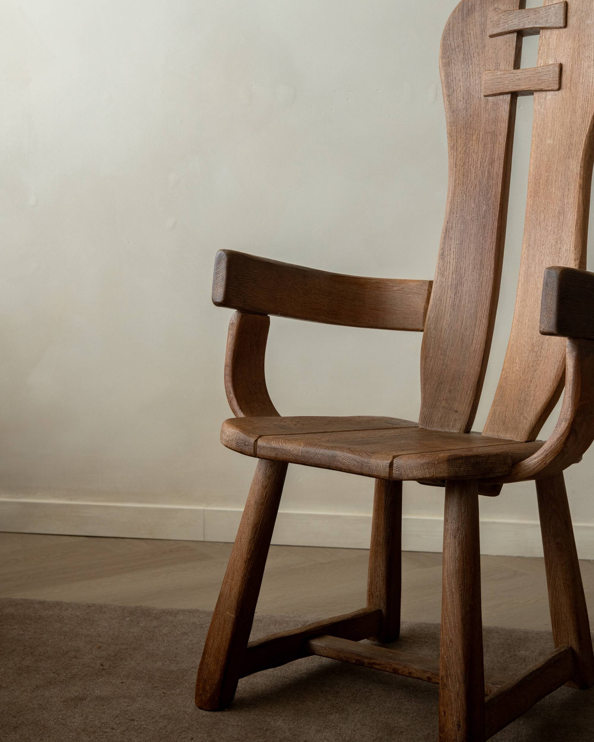 Brutalist Oak Armchair with Sculptural High Back by De Puydt, 1960s