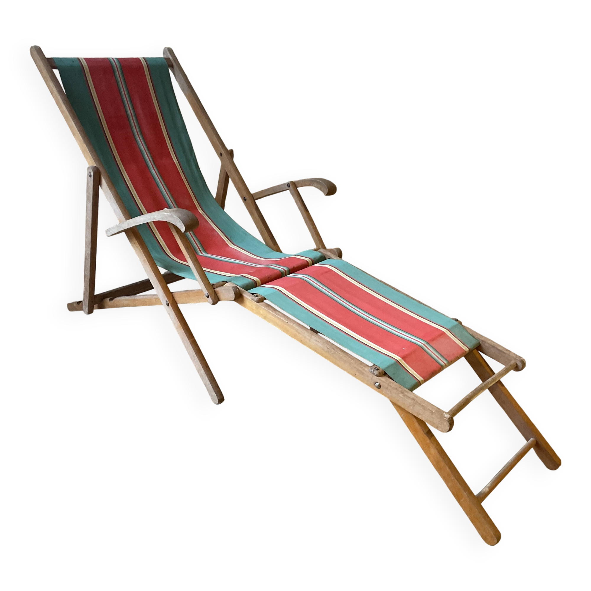 Red and green striped wooden deckchair