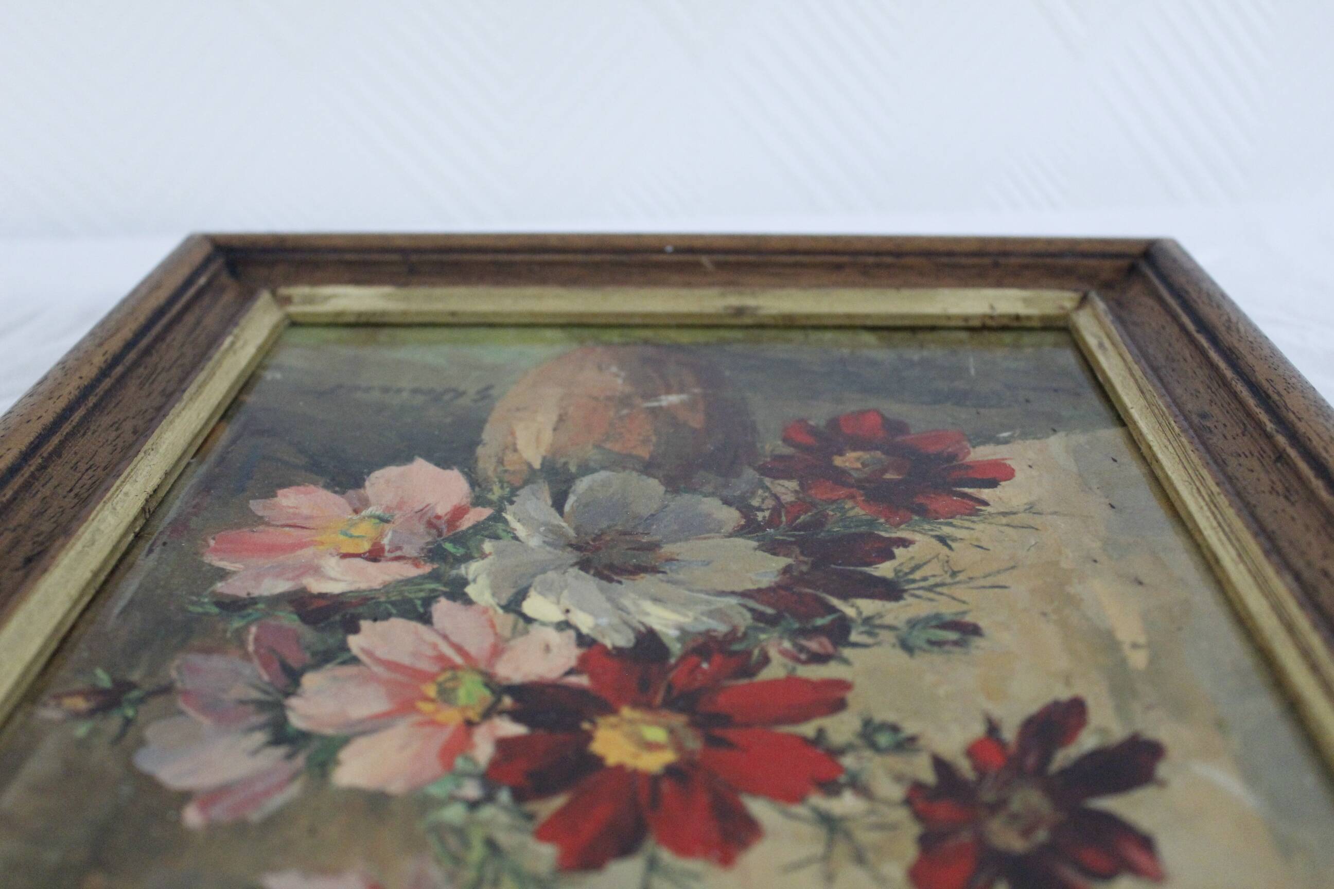 Oil on cardboard signed - still life, bouquet of cosmos