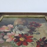 Oil on cardboard signed - still life, bouquet of cosmos