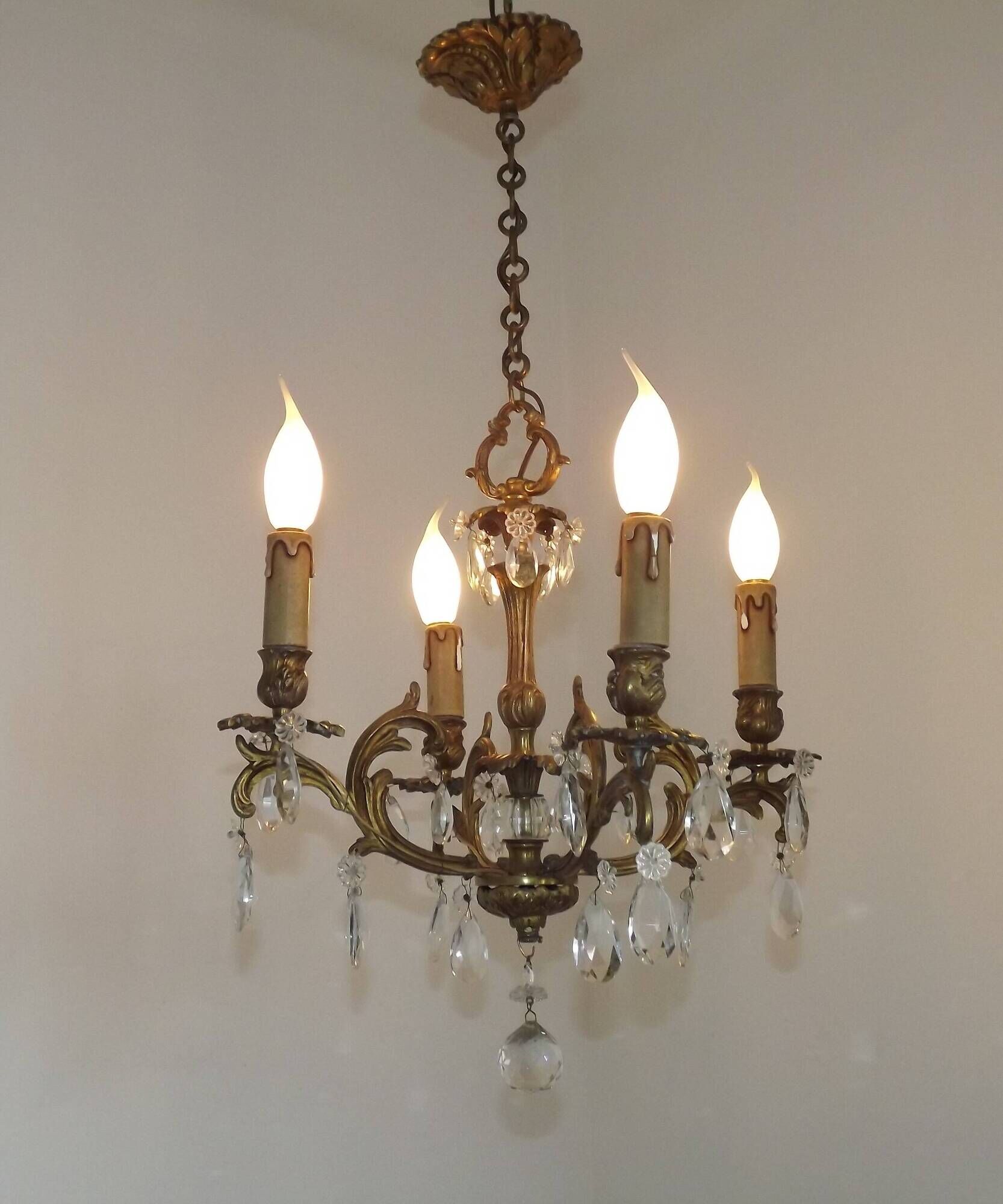 French Vintage Bronze and Glass 4 Light Art Nouveau Crystal Chandelier