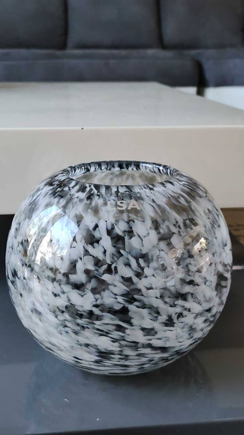 Spherical/ball vase in blown art glass. lsa international. smoked gray speckled white. size 14 x 15 cm