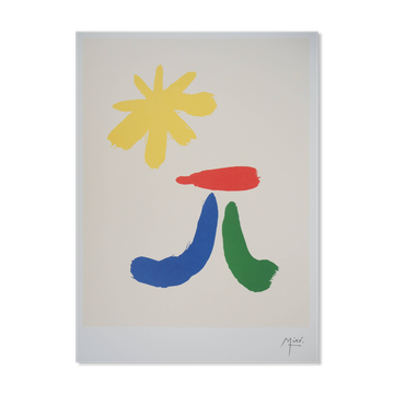 Joan Miró: surrealist character and the sun, signed lithograph.