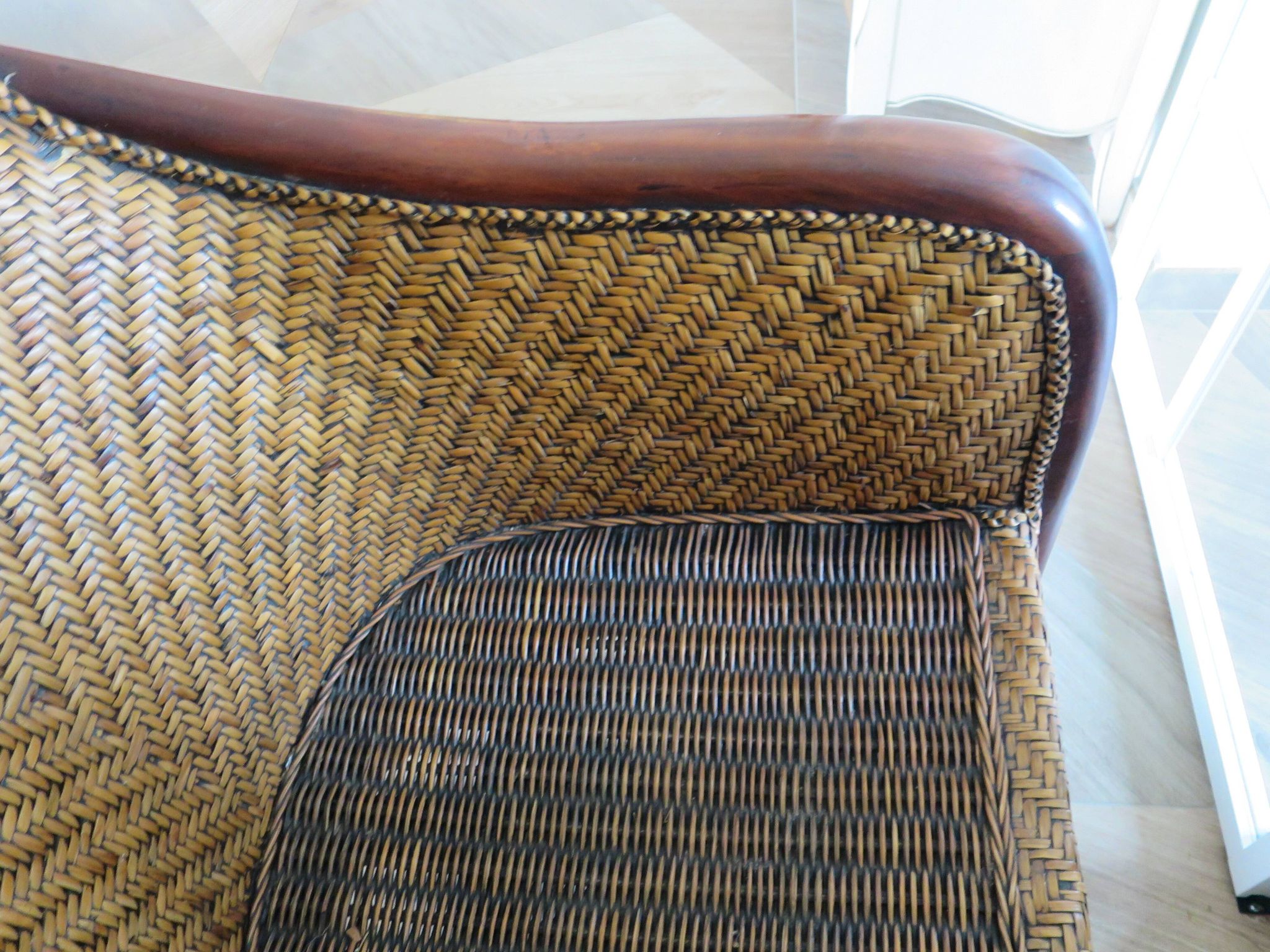 Set of 2 armchairs in woven rattan and exotic wood, 1980s