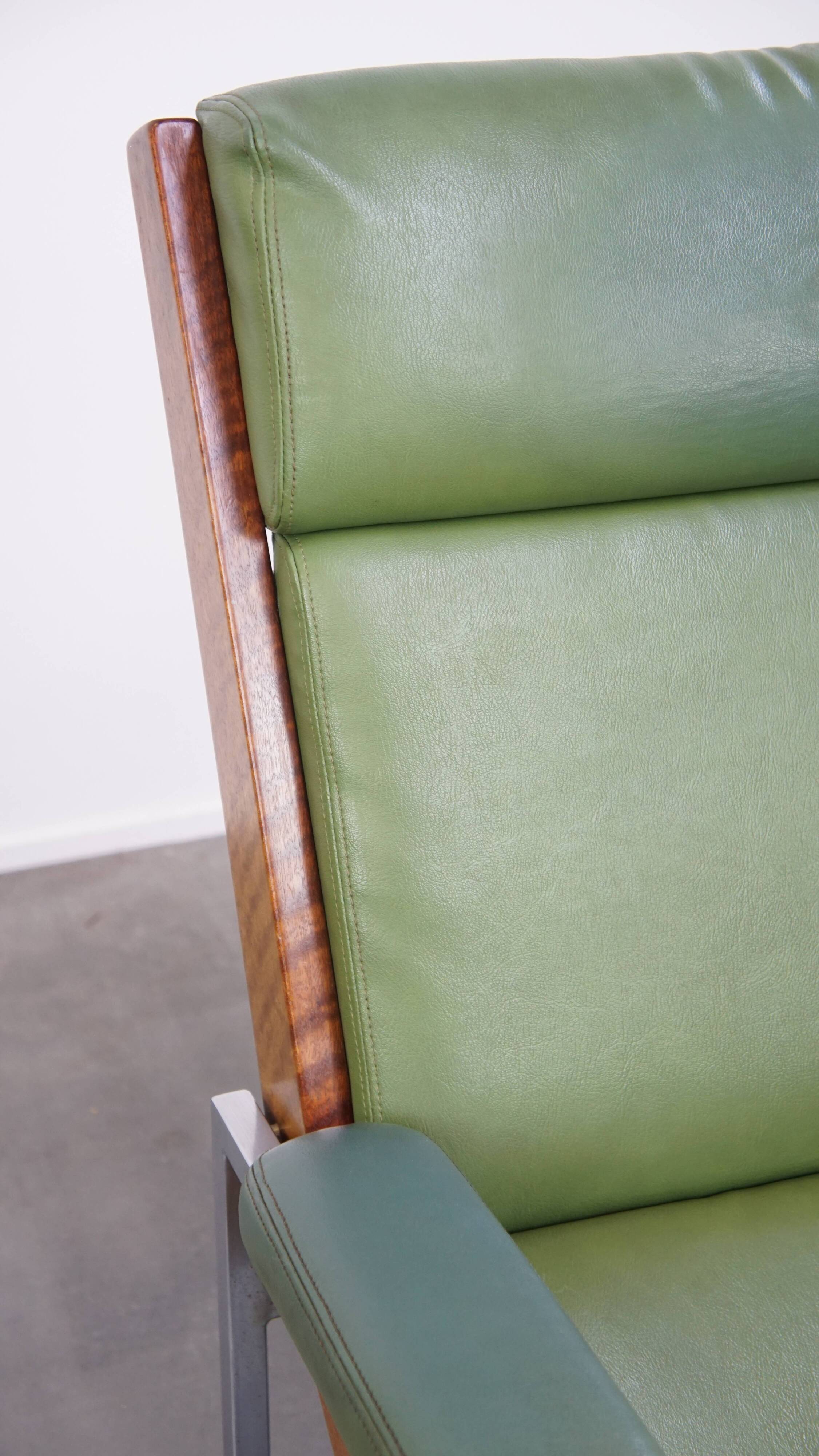 Green Cowhide Leather and Wooden Vintage Armchair