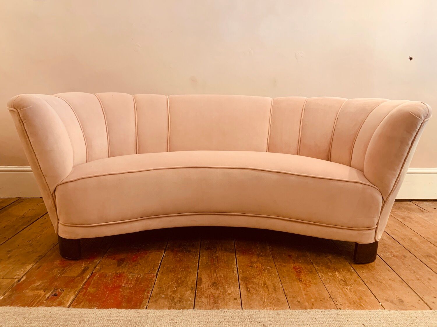 1940s Danish Banana Shaped Scalloped Sofa in Blush Pink