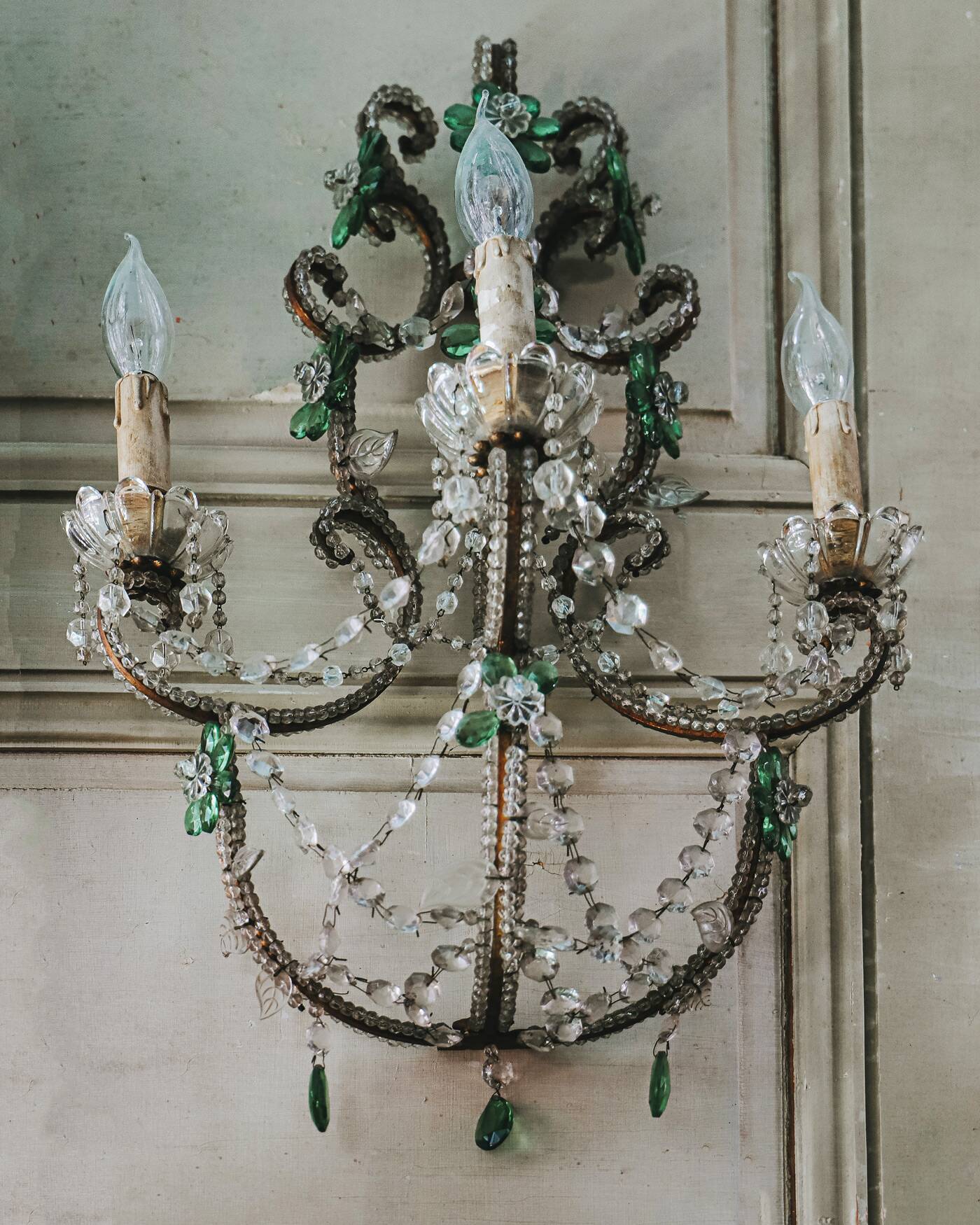 Ensemble de deux appliques ou appliques en cristal italien avec fleurs vertes