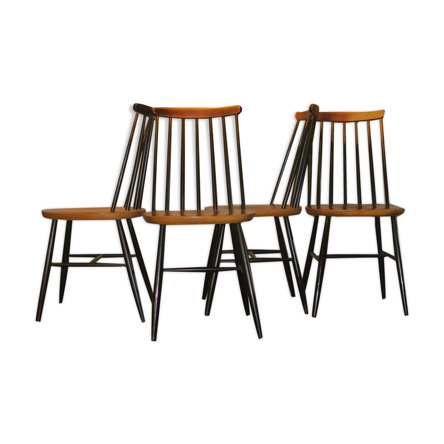 Vintage set of 4 ercol ebonized stick back chairs 1950s