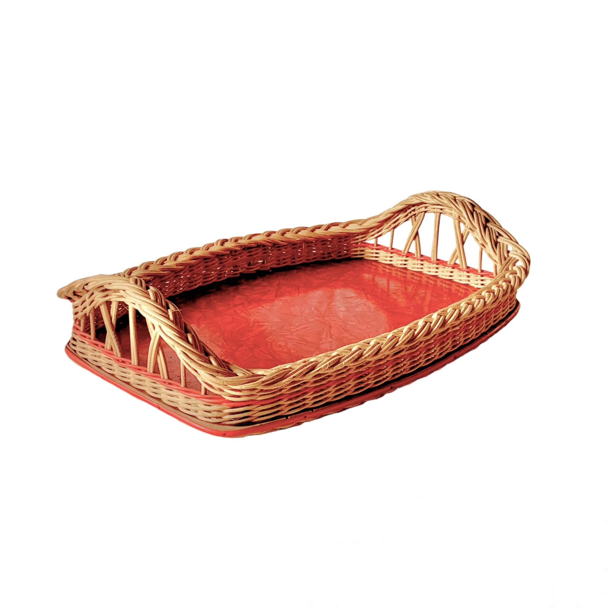 Vintage rattan tray, red Formica and scoubidou