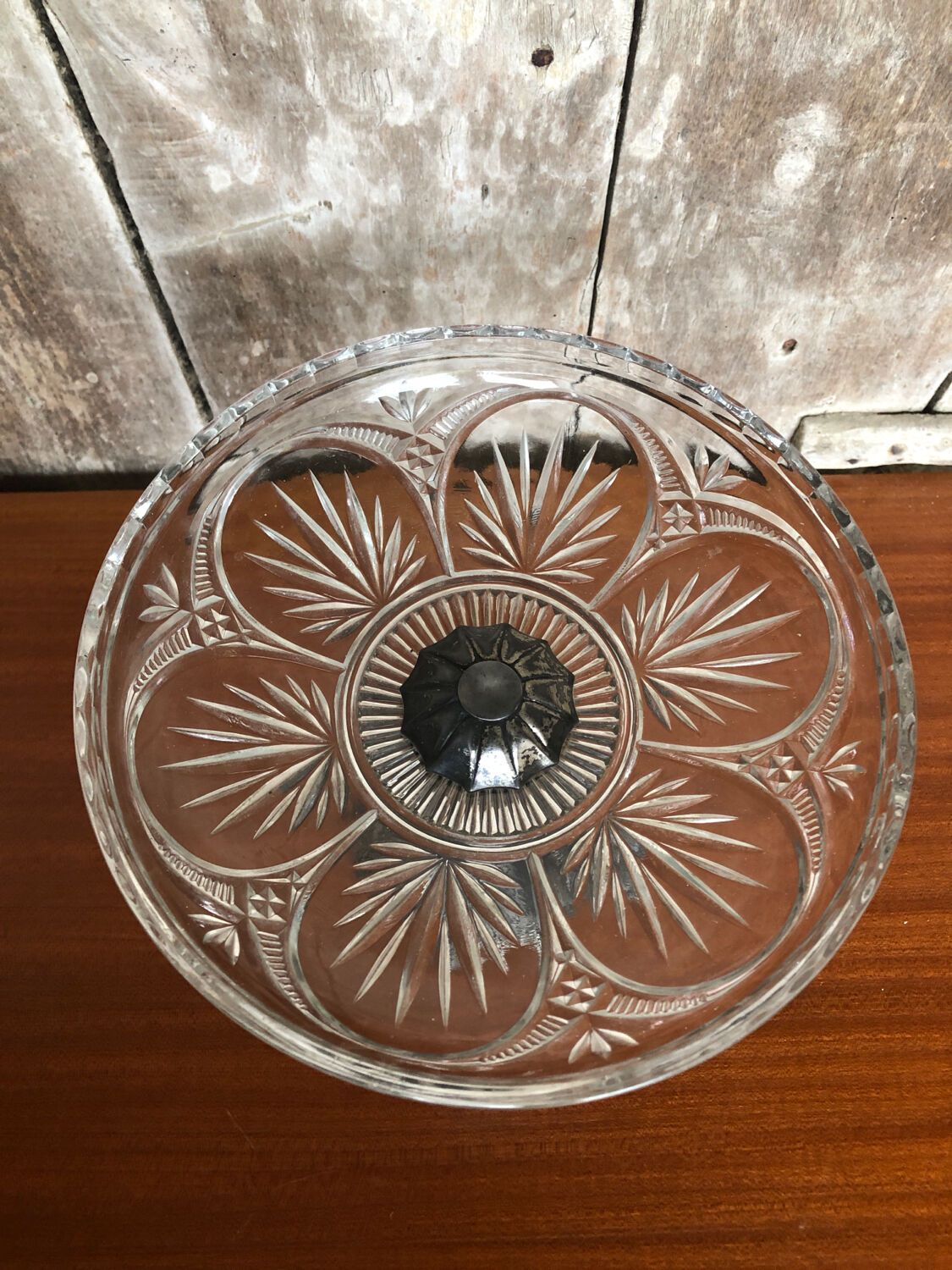 Old centerpiece cut art deco glass + foot silver metal vintage #a285