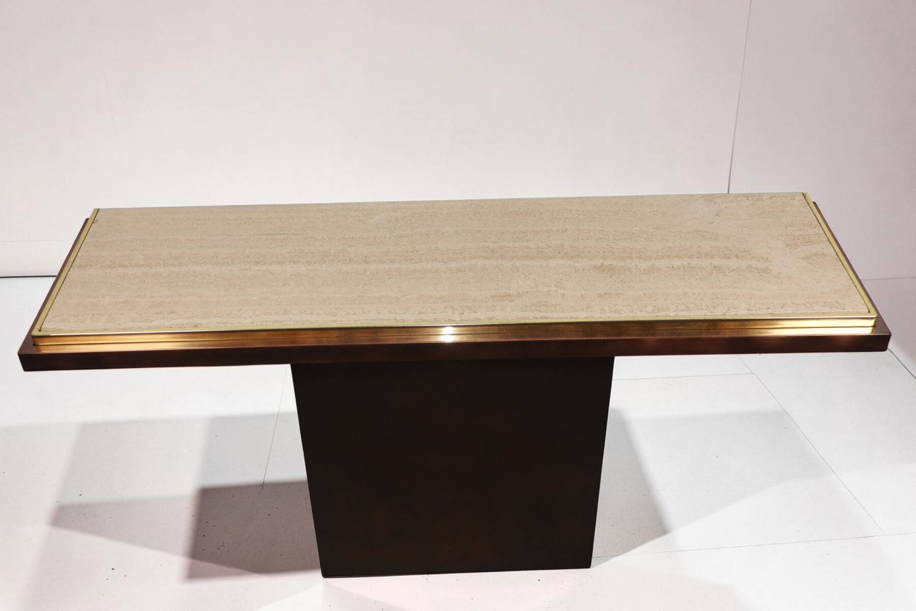 Minimalist console in travertine and patinated metal — 1970s