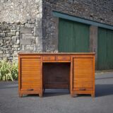 Wooden desk with curtains and sliding drawers, storage unit, vintage desk