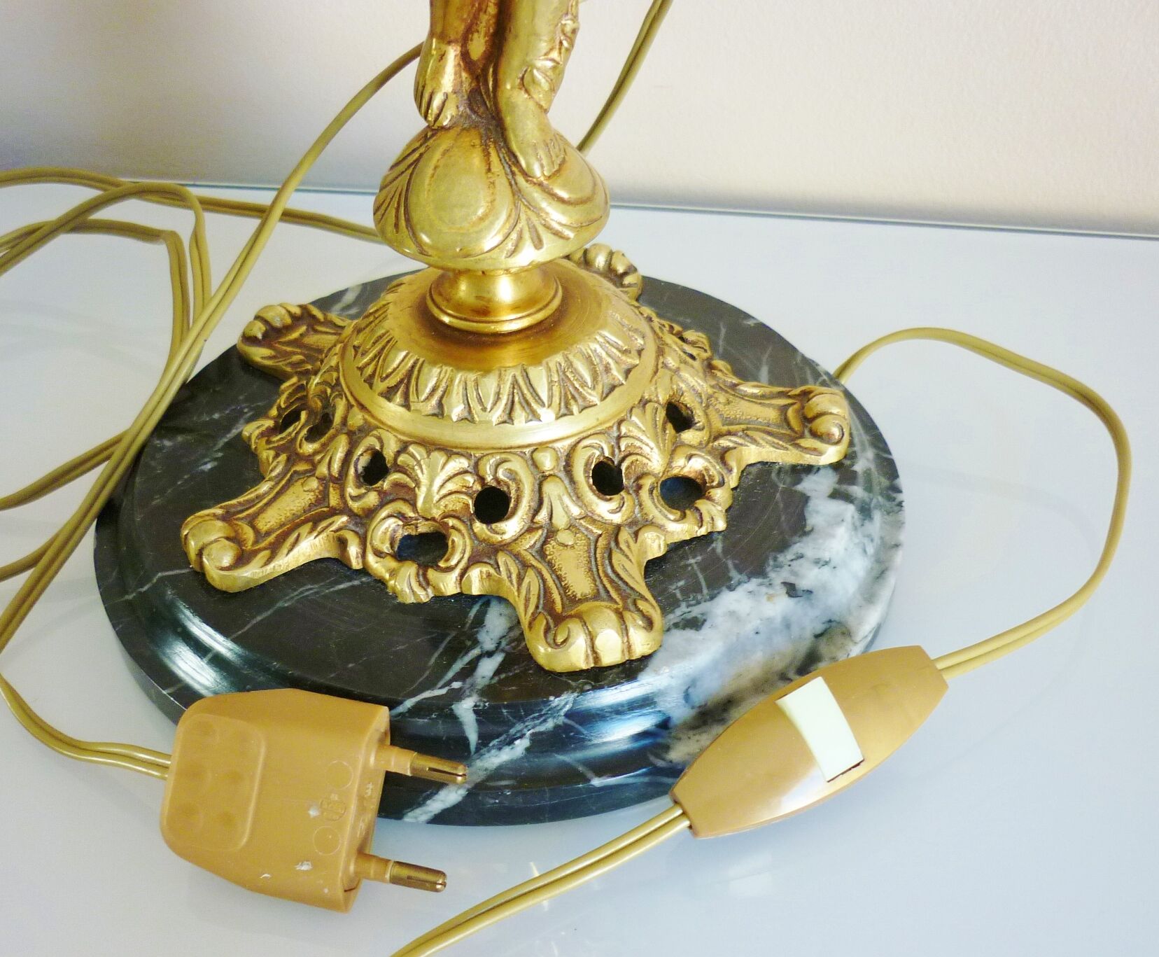 Candelabra, 6-pointed candlestick, marble, bronze, putti decoration, putto