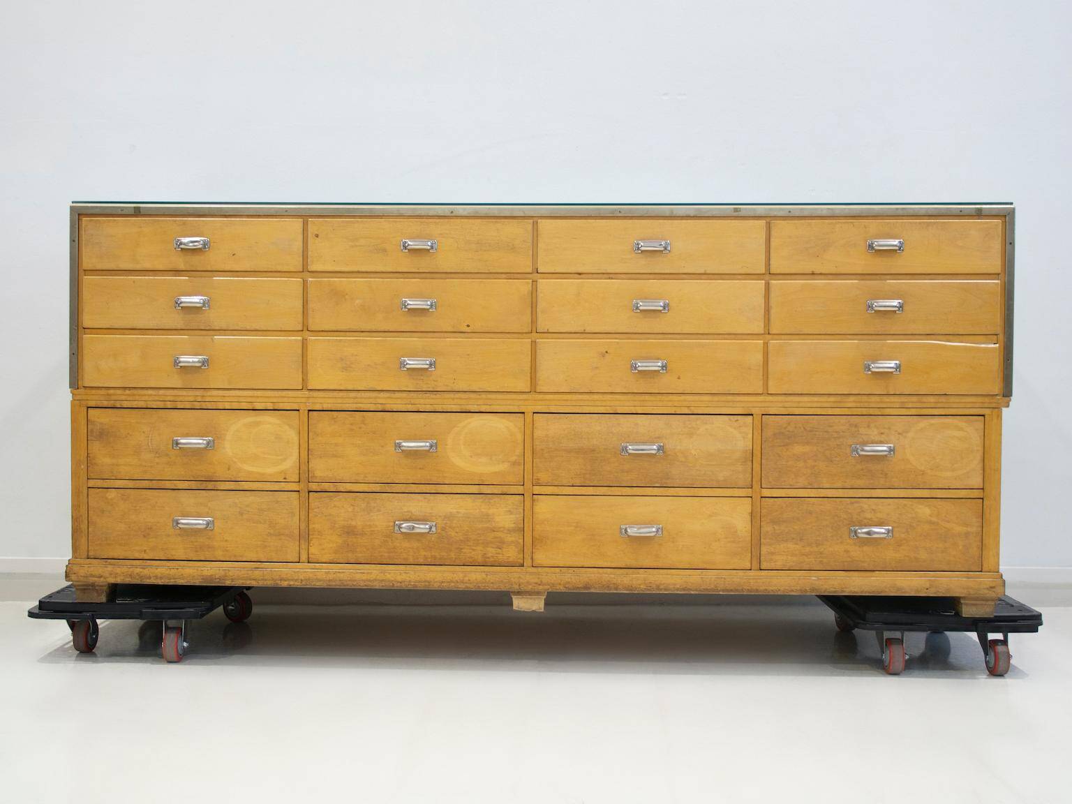 Shop counter made of birch and oak with twenty drawers, 1940s.