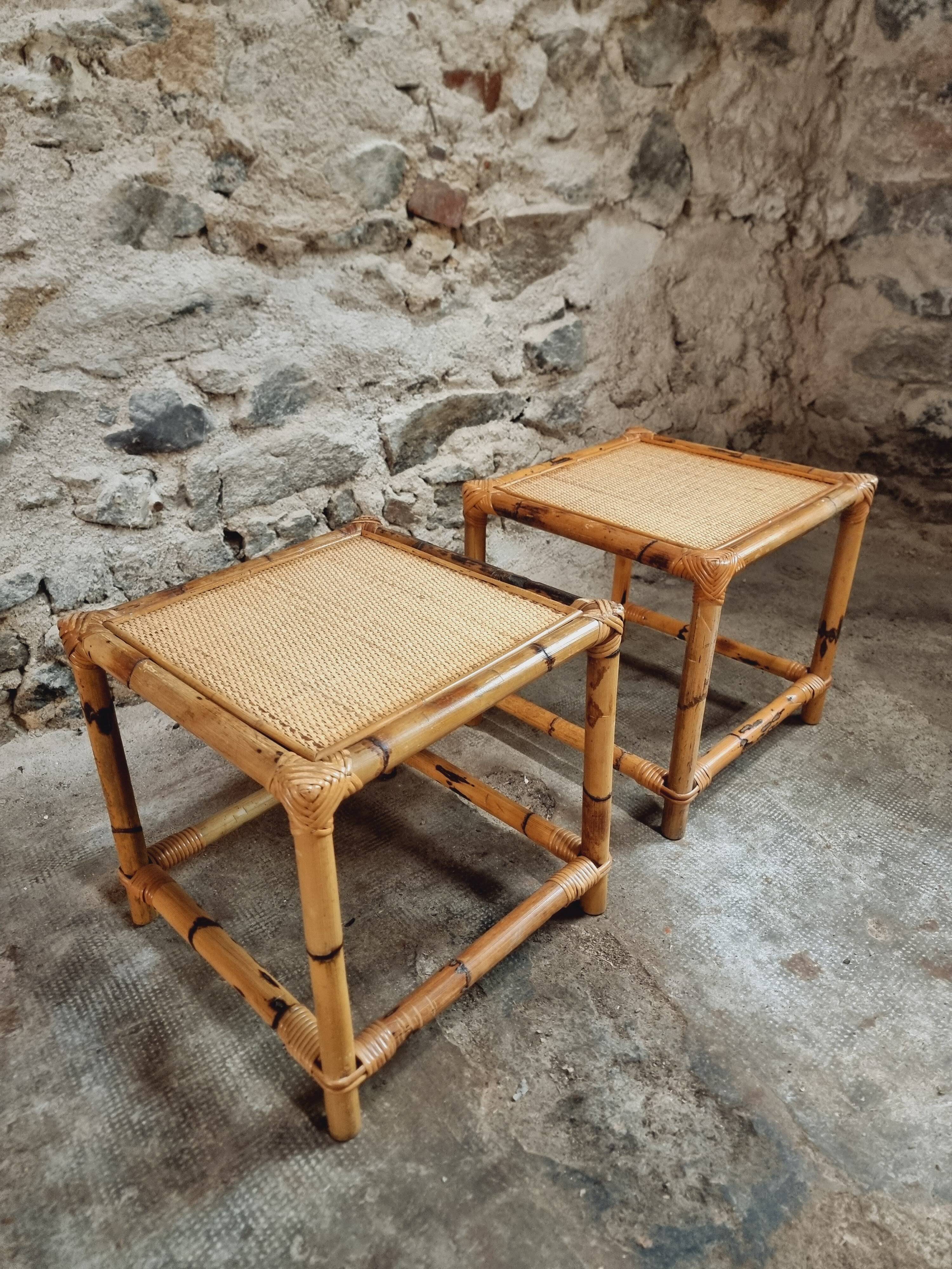 Vintage bamboo and rattan side tables – France, 1970s