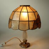 Mid Century handmade table lamp Tiffany Style, made of  mother of pearl, glass and metal, vintage