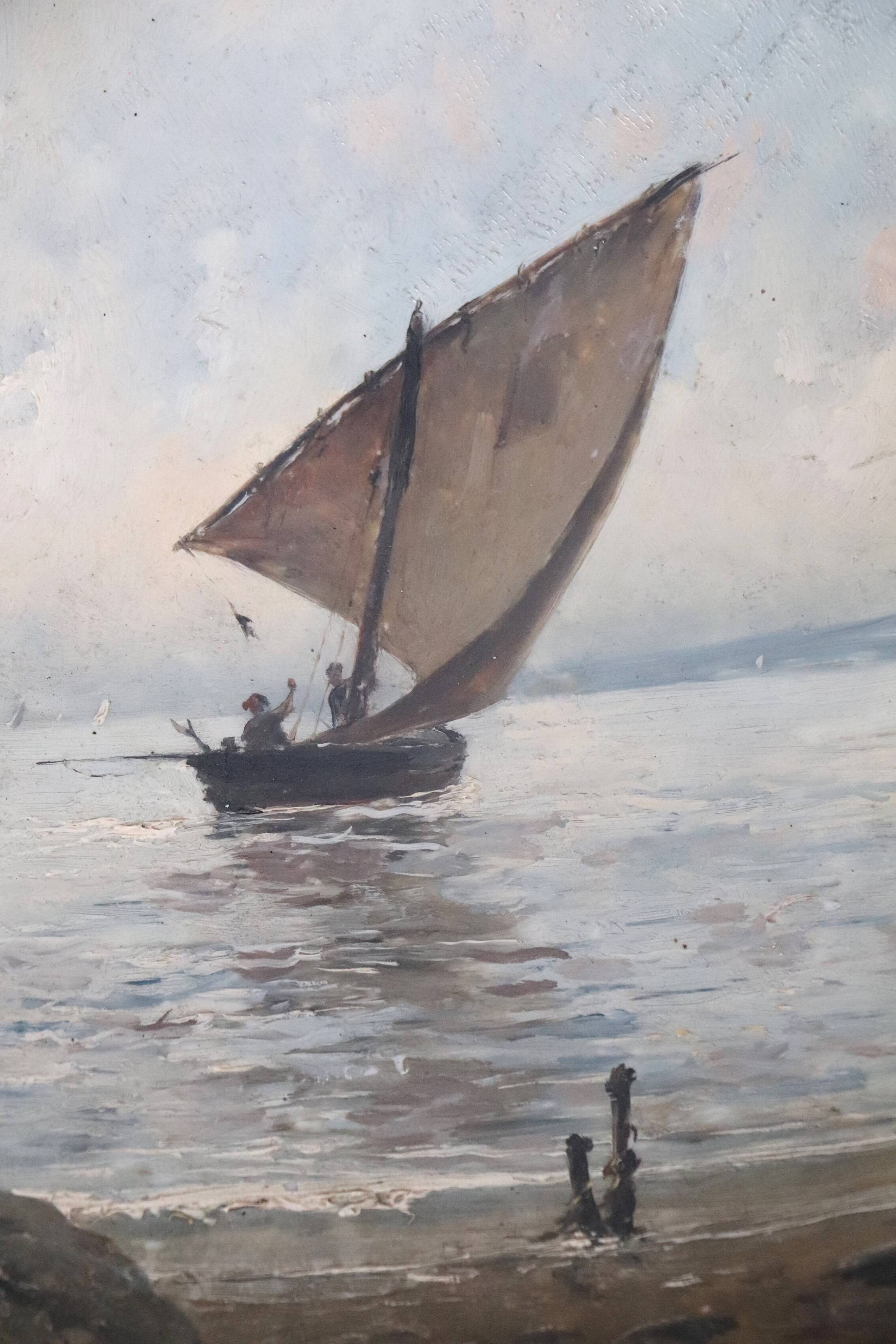 Pair of large hand-painted plates, sailing boat and landscape – late 19th century