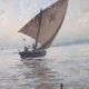 Pair of large hand-painted plates, sailing boat and landscape – late 19th century