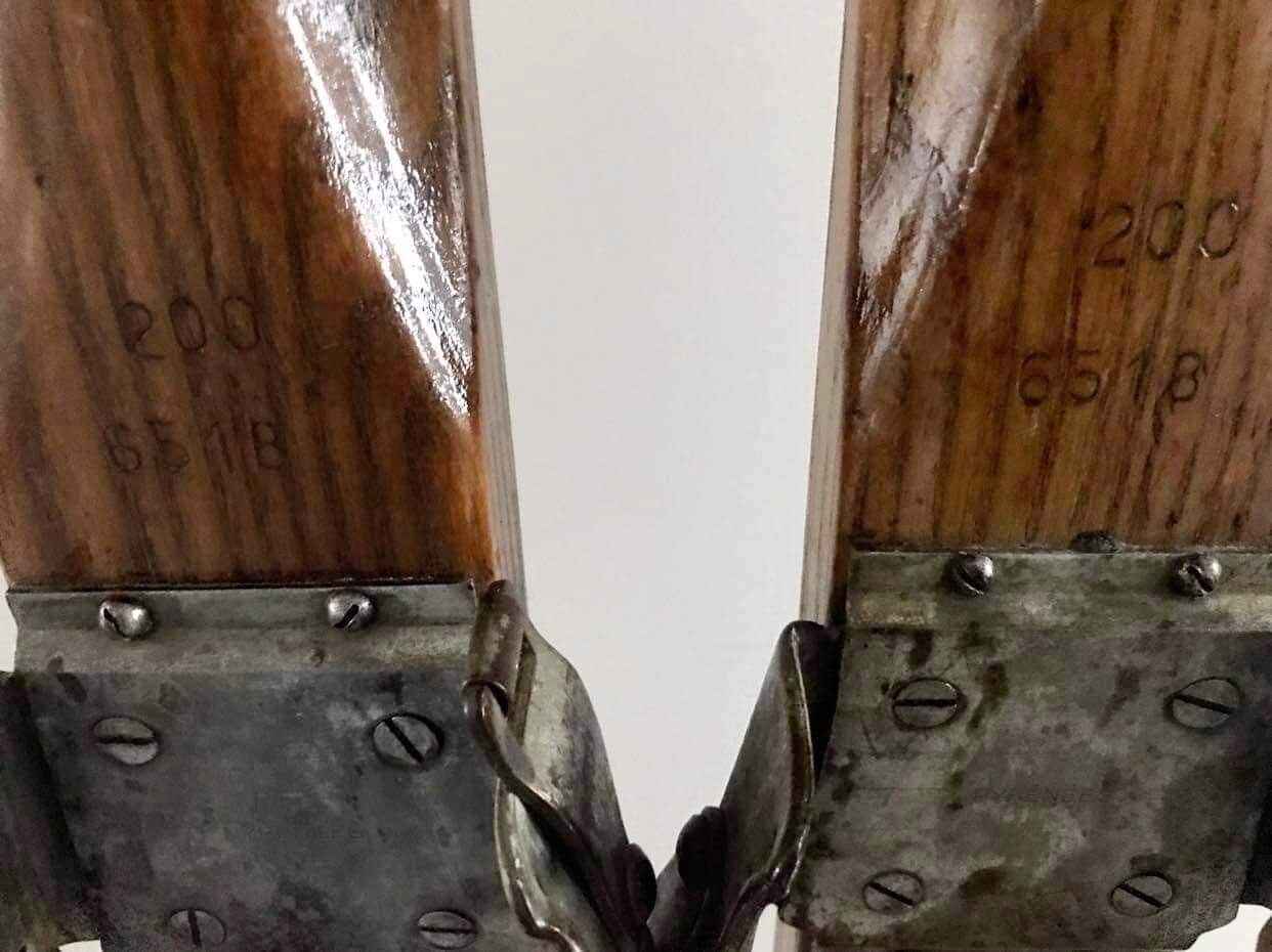 Pair of vintage Telemarking wooden skis, retro decoration