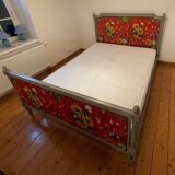 Old Louis XVI style double bed in wood and fabric with slatted base