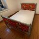 Old Louis XVI style double bed in wood and fabric with slatted base