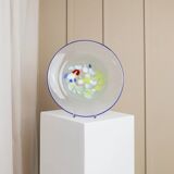 XL Vintage Murano Glass Bowl with Blue Rim and Multicolor Dots – Mouth-Blown Italian Glass, 1980s Pop Art