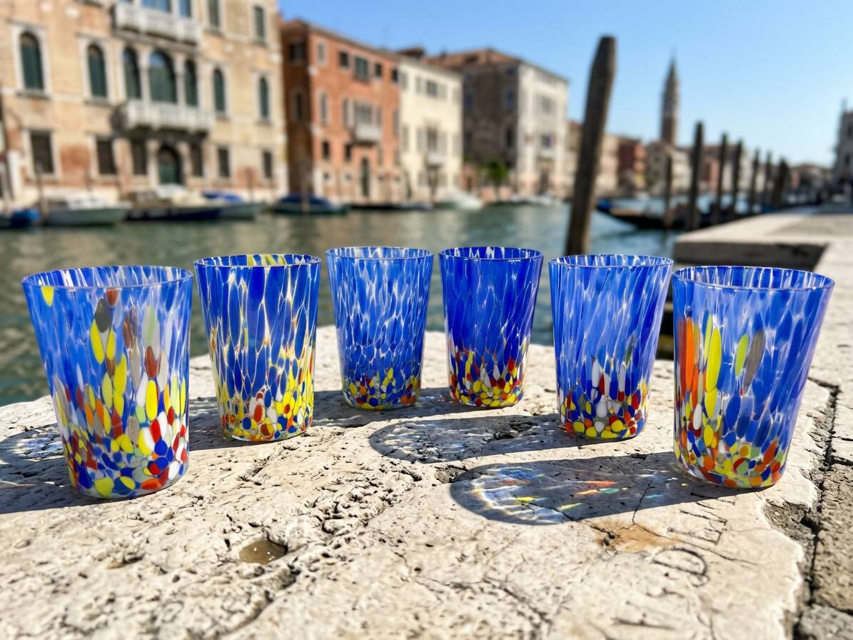 Set of 6 blown glass Venetian glasses with Murano murrine.