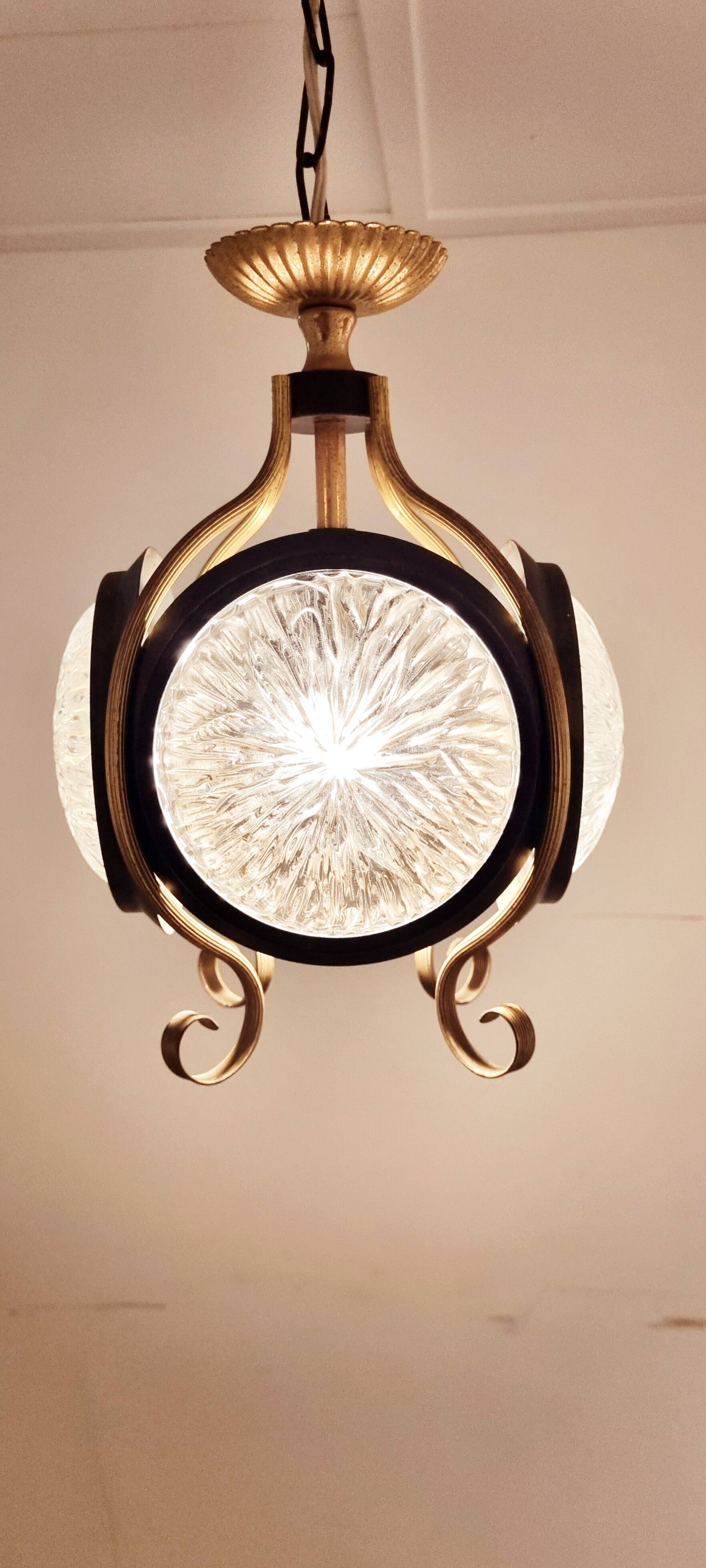 1960s glass brass pendant, frivolous lantern lamp