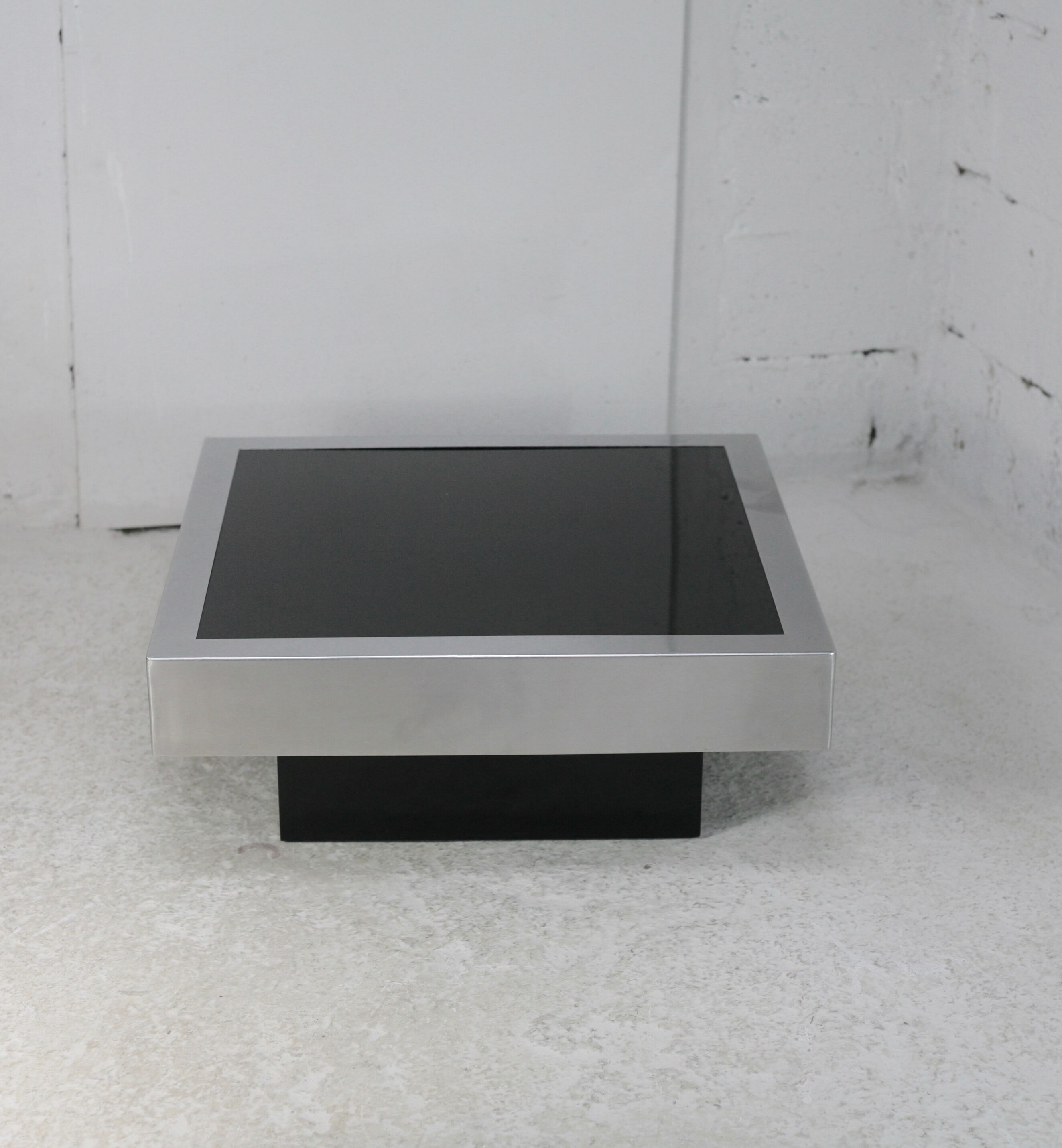 Coffee table in steel and black glass. France, circa 1970