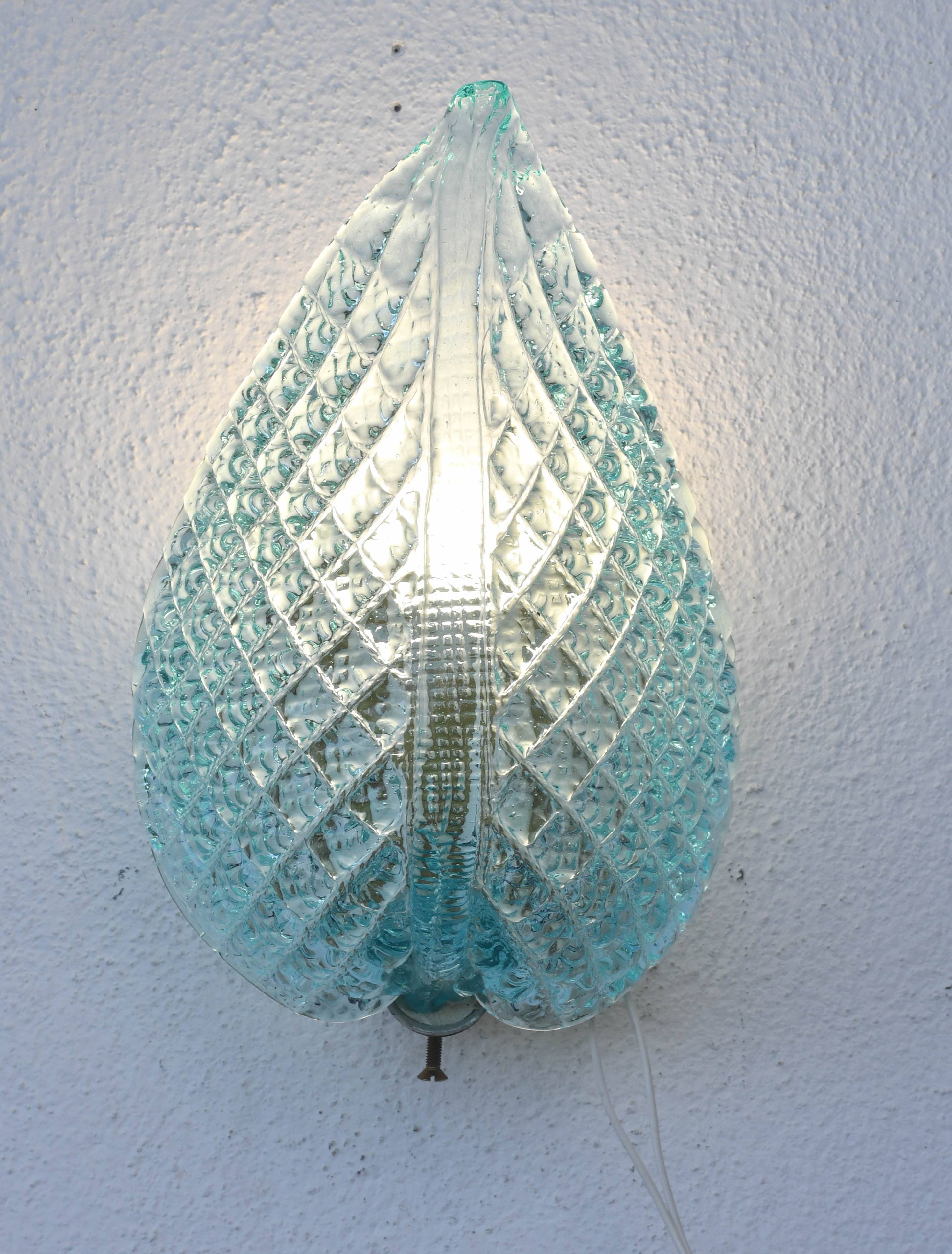 Set of 2 Rare Wall light Blue Jewel Murano Glass Leave by Barovier e Toso, 1950s
